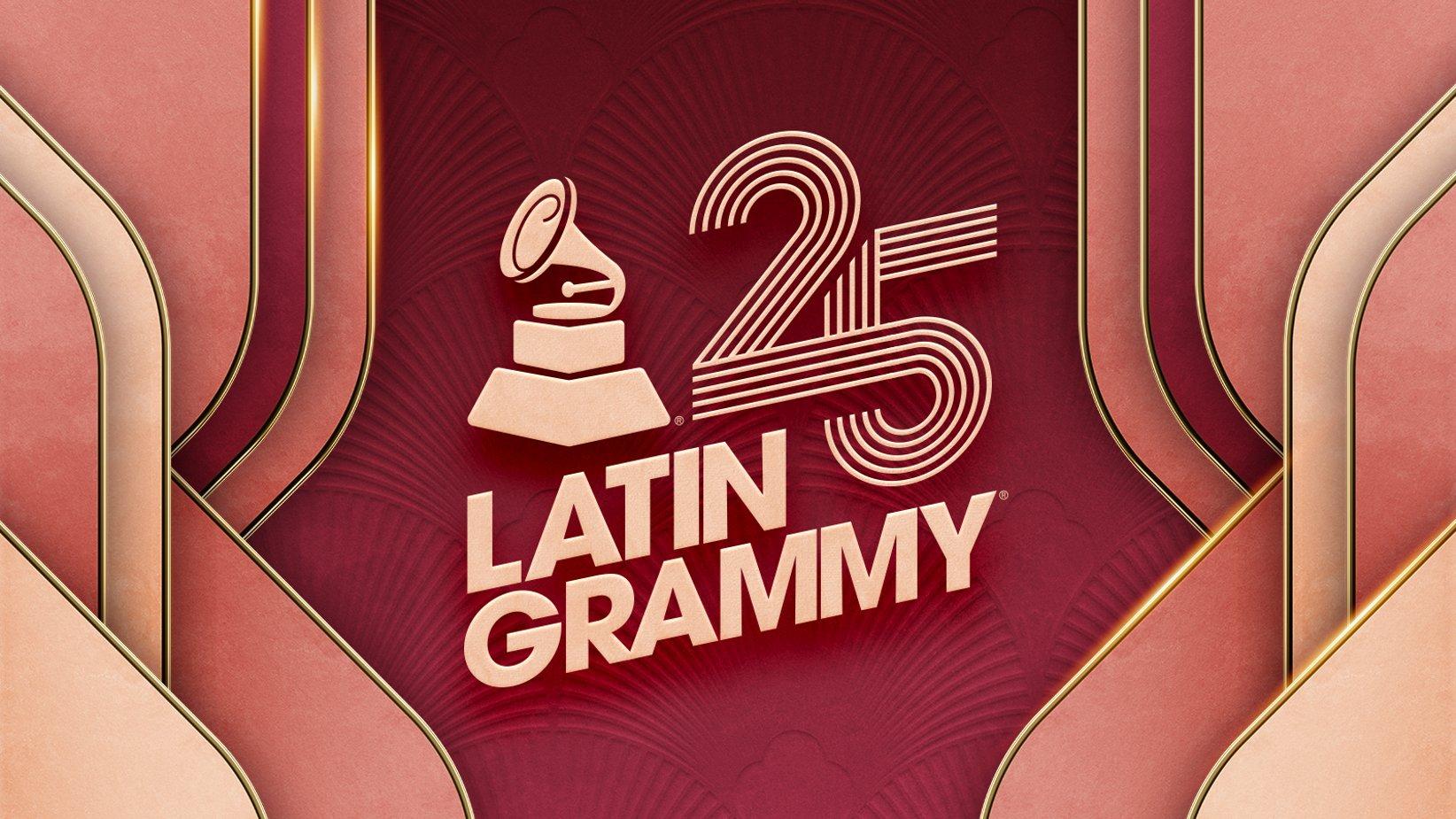 An image featuring the logo for the 2024 Latin GRAMMYs, officially known as the 25th Annual Latin GRAMMY Awards. The words "Latin GRAMMY" and the number 25 are featured alongside a Latin GRAMMY Award logo on top of a light red background.