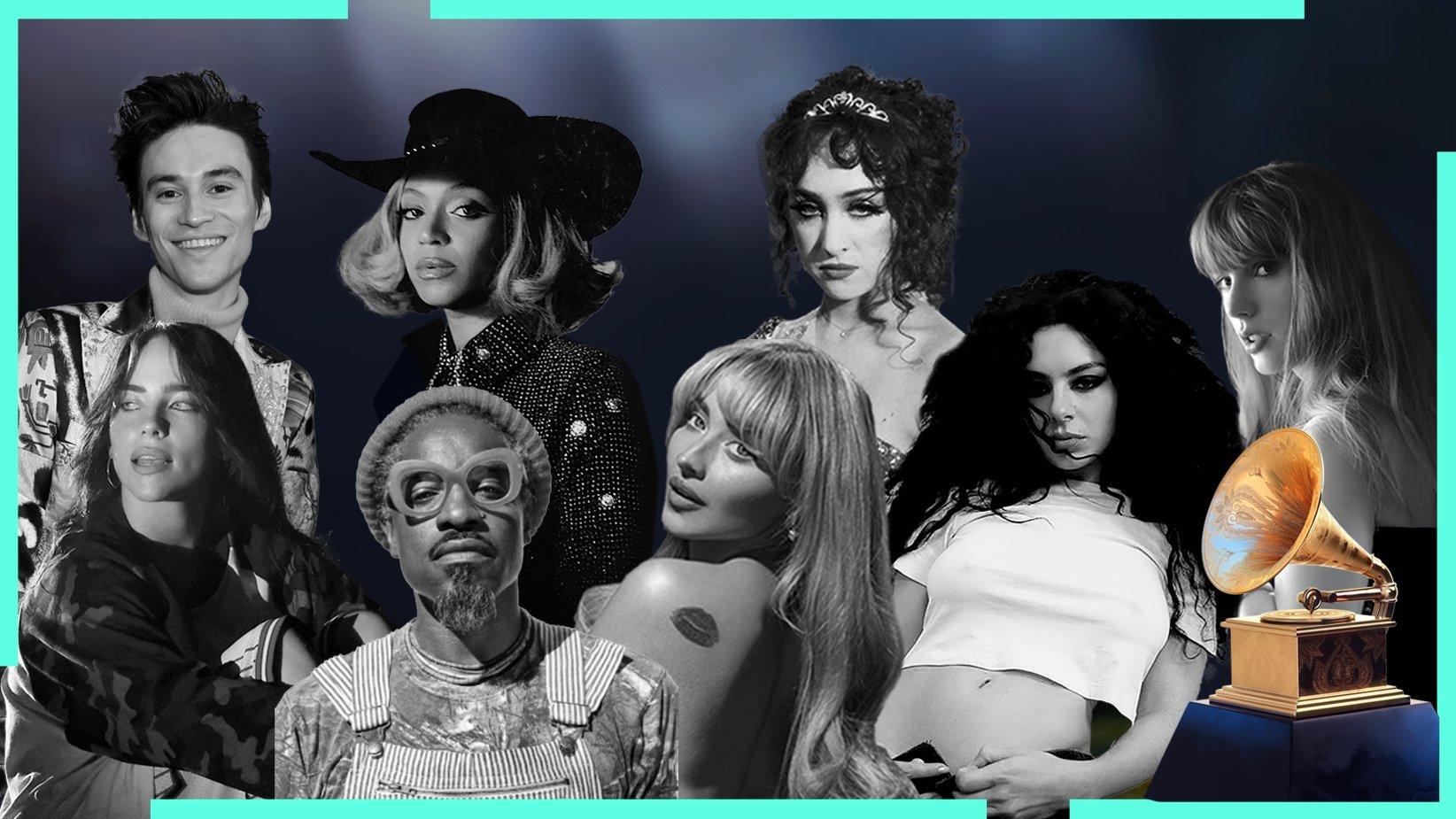 2025 GRAMMYsAlbum Of The Year  nominees Jacob Collier, Billie Eilish, Beyoncé, André 3000, Sabrina Carpenter, Chappell Roan, Charli xcx, Taylor Swift in collage