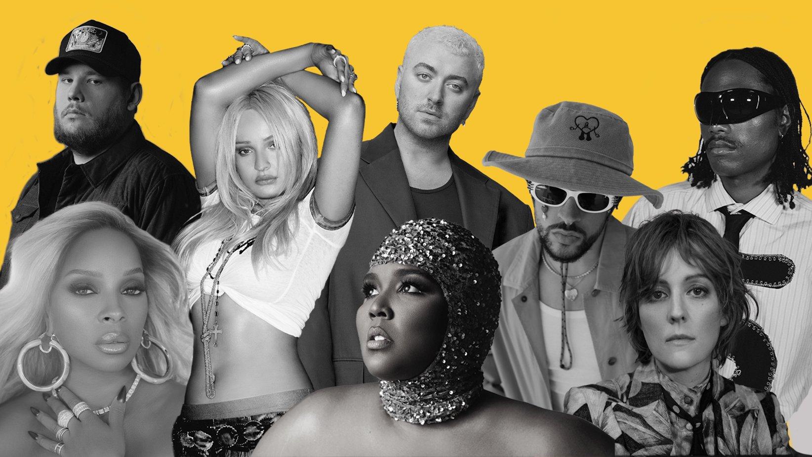 Photo of (Clockwise, L-R): Bad Bunny, Kim Petras, Sam Smith, Luke Combs, Steve Lacy, Brandi Carlile, Lizzo, Mary J. Blige