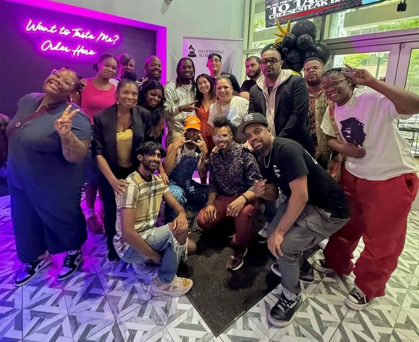 Recording Academy Philadelphia Chapter members stand for a photo with with Offset at an exclusive meet and greet