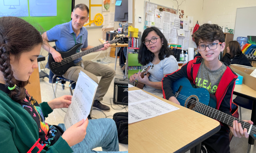 teacher plays bass while student sings and two students play ukulele and guitar