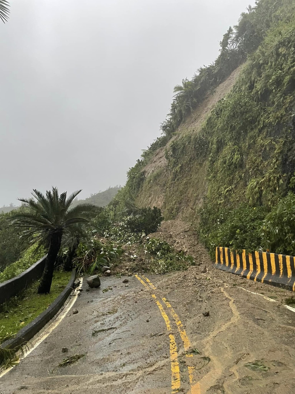 颱風海葵吹襲台灣，綠島多處受災，有道路出現山泥傾瀉。 （facebook）