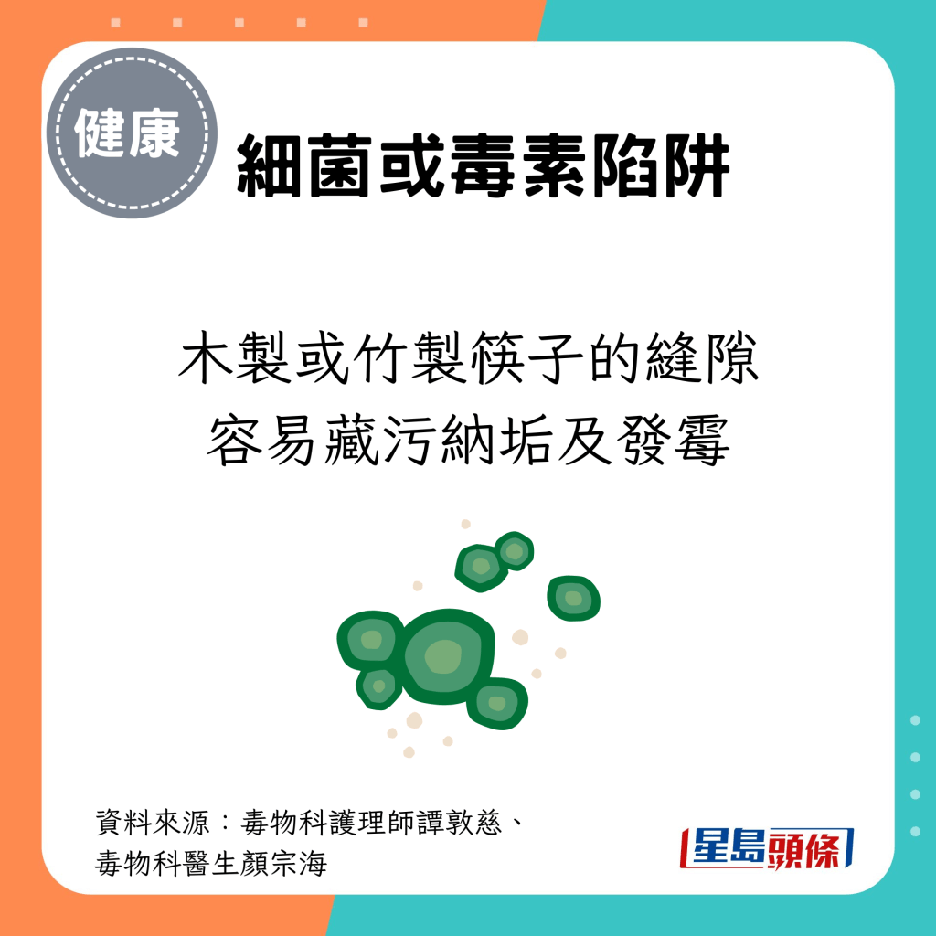 木製或竹製筷子的縫隙容易藏污納垢及發霉