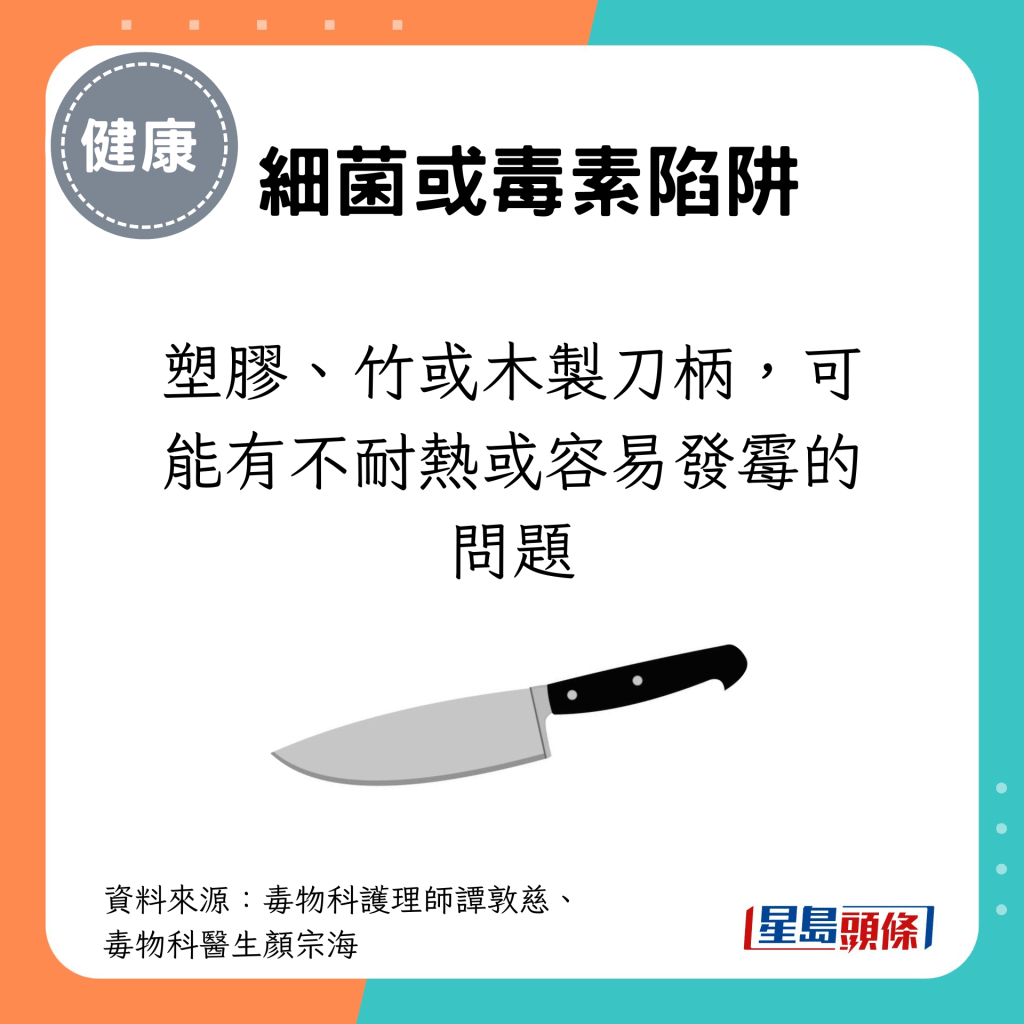 塑膠、竹或木製刀柄，可能有不耐熱或容易發霉的問題