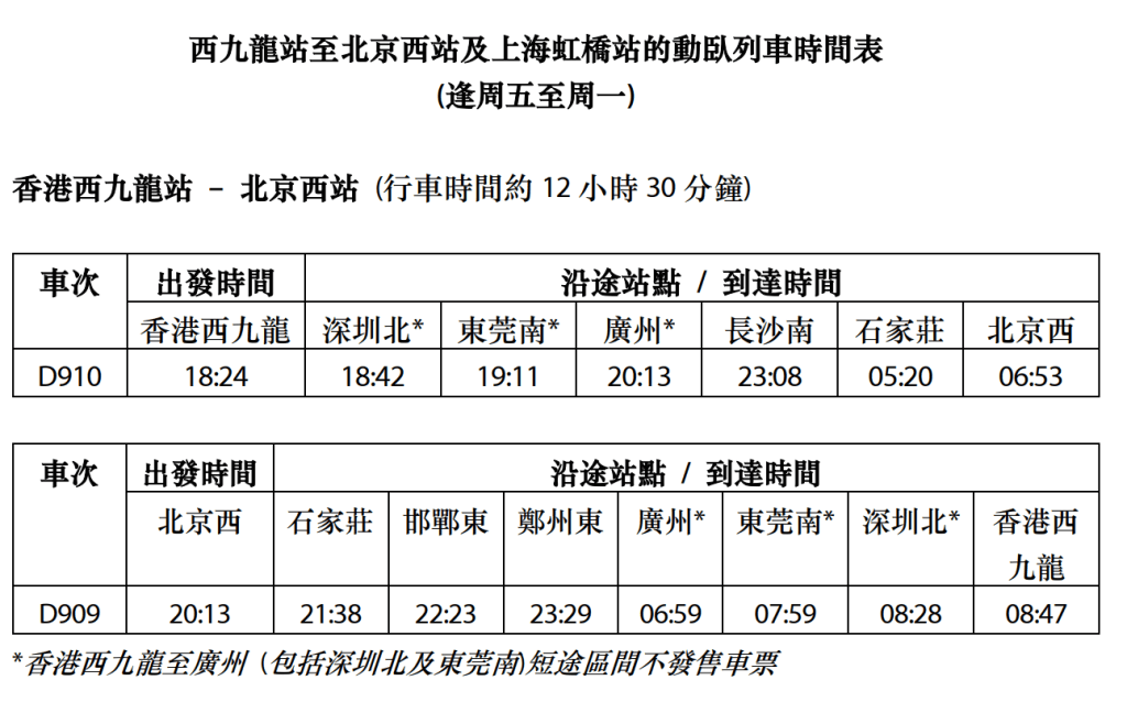 動臥列車於晚上從起始點出發，翌日早上到達。港鐵文件截圖