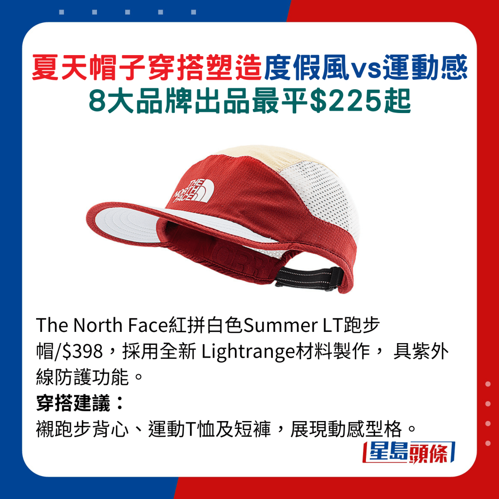 The North Face紅拼白色Summer LT跑步帽/$398，採用全新 Lightrange材料製作， 具紫外線防護功能。 穿搭建議： 襯跑步背 心、運動T恤及短褲，展現動感型格。