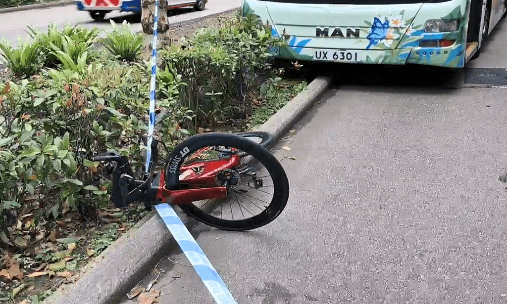 單車倒地花槽邊。林思明攝