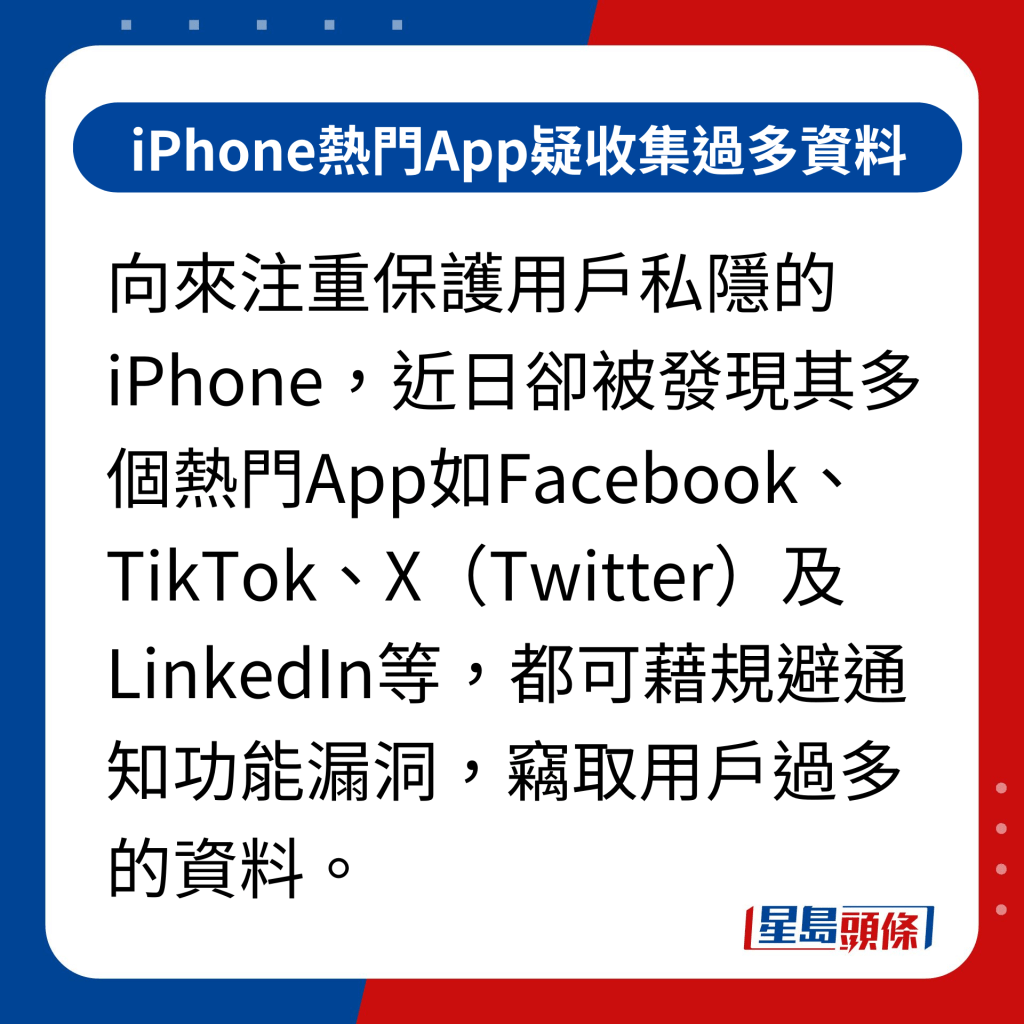 iPhone熱門App疑收集過多資料｜向來注重保護用戶私隱的iPhone，近日卻被發現其多個熱門App如Facebook、TikTok、X（Twitter）及LinkedIn等，都可藉規避通知功能漏洞，竊取用戶過多的資料。