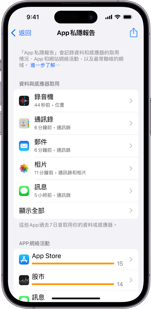 iPhone用戶2招輕鬆防資料外洩 附教學示範｜前往「設定」 >「私隱與保安」，然後點一下「App私隱報吿」，這裏會顯示App如何使用你授予它們的權限，並向你顯示其網絡活動。