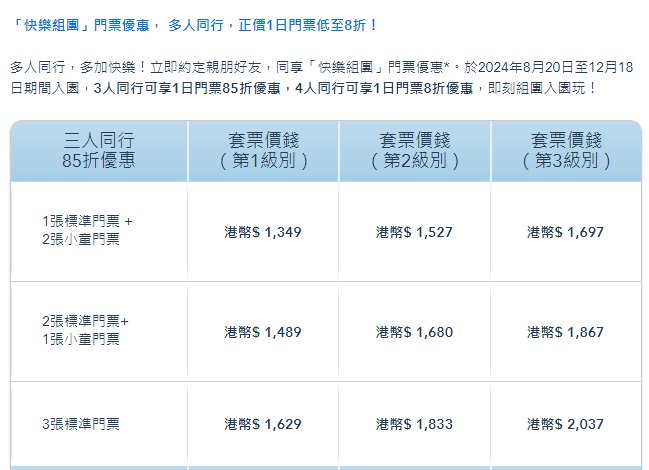 香港居民專享「快樂組團」門票優惠詳情。