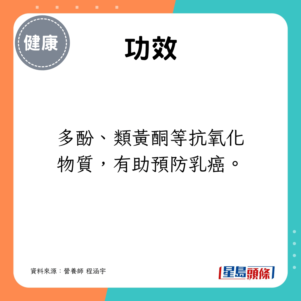 多酚、類黃酮等抗氧化物質，有助預防乳癌。