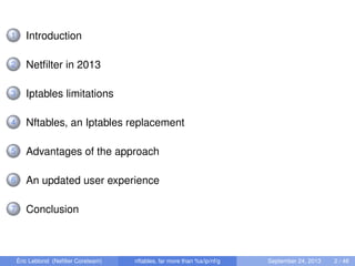 1 Introduction
2 Netﬁlter in 2013
3 Iptables limitations
4 Nftables, an Iptables replacement
5 Advantages of the approach
6 An updated user experience
7 Conclusion
Éric Leblond (Neﬁlter Coreteam) nftables, far more than %s/ip/nf/g September 24, 2013 2 / 48
 