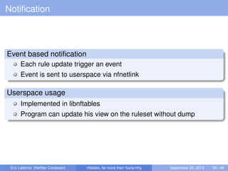 Notiﬁcation
Event based notiﬁcation
Each rule update trigger an event
Event is sent to userspace via nfnetlink
Userspace usage
Implemented in libnftables
Program can update his view on the ruleset without dump
Éric Leblond (Neﬁlter Coreteam) nftables, far more than %s/ip/nf/g September 24, 2013 34 / 48
 