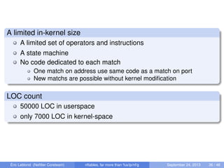 A limited in-kernel size
A limited set of operators and instructions
A state machine
No code dedicated to each match
One match on address use same code as a match on port
New matchs are possible without kernel modiﬁcation
LOC count
50000 LOC in userspace
only 7000 LOC in kernel-space
Éric Leblond (Neﬁlter Coreteam) nftables, far more than %s/ip/nf/g September 24, 2013 36 / 48
 