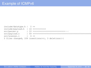 Example of ICMPv6
include/datatype.h | 2 ++
include/payload.h | 14 +++++++++++
src/parser.y | 33 +++++++++++++++++++++++++++---
src/payload.c | 59 +++++++++++++++++++++++++++++++++++++++++++++++++
src/scanner.l | 4 ++
5 files changed, 109 insertions(+), 3 deletions(-)
Éric Leblond (Neﬁlter Coreteam) nftables, far more than %s/ip/nf/g September 24, 2013 38 / 48
 