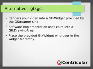 Alternative - gtkgst
● Renders your video into a GtkWidget provided by
the GStreamer sink
● Software implementation uses cairo into a
GtkDrawingArea
● Place the provided GtkWidget wherever in the
widget hierarchy
 