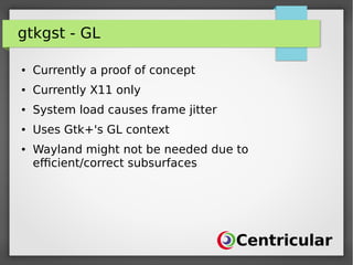 gtkgst - GL
● Currently a proof of concept
● Currently X11 only
● System load causes frame jitter
● Uses Gtk+'s GL context
● Wayland might not be needed due to
efficient/correct subsurfaces
 