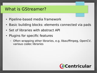 What is GStreamer?
● Pipeline-based media framework
● Basic building blocks: elements connected via pads
● Set of libraries with abstract API
● Plugins for specific features
– Often wrapping other libraries, e.g. libav/ffmpeg, OpenCV,
various codec libraries
 