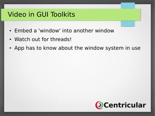 Video in GUI Toolkits
● Embed a 'window' into another window
● Watch out for threads!
● App has to know about the window system in use
 