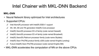 Intel Chainer with MKL-DNN Backend
MKL-DNN
• Neural Network library optimized for Intel architectures
• Supported CPUs:
✓ Intel Atom(R) processor with Intel(R) SSE4.1 support
✓ 4th, 5th, 6th and 7th generation Intel(R) Core processor
✓ Intel(R) Xeon(R) processor E5 v3 family (code named Haswell)
✓ Intel(R) Xeon(R) processor E5 v4 family (code named Broadwell)
✓ Intel(R) Xeon(R) Platinum processor family (code name Skylake)
✓ Intel(R) Xeon Phi(TM) product family x200 (code named Knights Landing)
✓ Future Intel(R) Xeon Phi(TM) processor (code named Knights Mill)
• MKL-DNN accelerates the computation of NN on the above CPUs
 