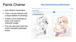 Paints Chainer
● Auto Sketch Colorization
● Train a neural network with
a large dataset of paintings
● It takes a line drawings as
input, and output a
colorized image!
● You can also give color hits
which indicates preferable
colors
https://paintschainer.preferred.tech
 