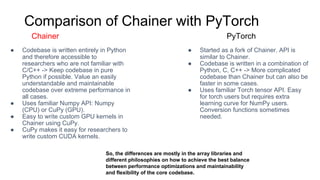 ● Started as a fork of Chainer. API is
similar to Chainer.
● Codebase is written in a combination of
Python, C, C++ -> More complicated
codebase than Chainer but can also be
faster in some cases.
● Uses familiar Torch tensor API. Easy
for torch users but requires extra
learning curve for NumPy users.
Conversion functions sometimes
needed.
Comparison of Chainer with PyTorch
● Codebase is written entirely in Python
and therefore accessible to
researchers who are not familiar with
C/C++ -> Keep codebase in pure
Python if possible. Value an easily
understandable and maintainable
codebase over extreme performance in
all cases.
● Uses familiar Numpy API: Numpy
(CPU) or CuPy (GPU).
● Easy to write custom GPU kernels in
Chainer using CuPy.
● CuPy makes it easy for researchers to
write custom CUDA kernels.
Chainer PyTorch
So, the differences are mostly in the array libraries and
different philosophies on how to achieve the best balance
between performance optimizations and maintainability
and flexibility of the core codebase.
 