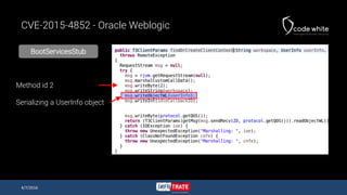 BootServicesStub
CVE-2015-4852 - Oracle Weblogic
4/7/2016
Method id 2
Serializing a UserInfo object
 