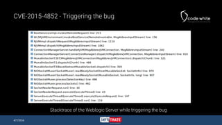 CVE-2015-4852 - Triggering the bug
4/7/2016
Stacktrace of the Weblogic Server while triggering the bug
 