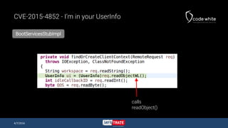 CVE-2015-4852 - I’m in your UserInfo
BootServicesStubImpl
4/7/2016
calls
readObject()
 