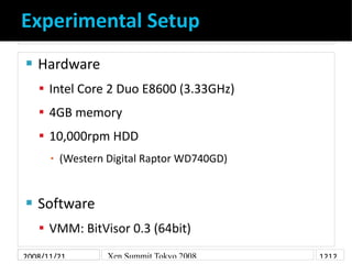 Experimental Setup
    Hardware


     Intel Core 2 Duo E8600 (3.33GHz)
     4GB memory
     10,000rpm HDD
          (Western Digital Raptor WD740GD)
      ▪




    Software


     VMM: BitVisor 0.3 (64bit)
    Guest    OS: Fedora 9Tokyo 2008 Windows Vista (64bit)
                  Xen Summit (64bit),
2008/11/21                                               1212
 