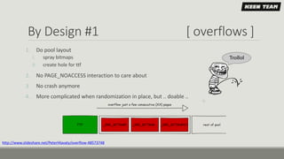 By Design #1 [ overflows ]
1. Do pool layout
I. spray bitmaps
II. create hole for ttf
2. No PAGE_NOACCESS interaction to care about
3. No crash anymore
4. More complicated when randomization in place, but .. doable ..
http://www.slideshare.net/PeterHlavaty/overflow-48573748
 