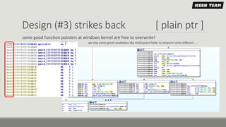 Design (#3) strikes back [ plain ptr ]
some good function pointers at windows kernel are free to overwrite!
◦ we skip some good candidates like HalDispatchTable to pinpoint some different …
 