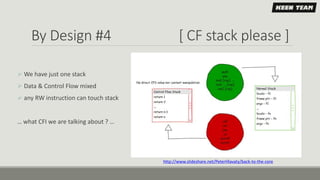 By Design #4 [ CF stack please ]
http://www.slideshare.net/PeterHlavaty/back-to-the-core
 We have just one stack
 Data & Control Flow mixed
 any RW instruction can touch stack
… what CFI we are talking about ? …
 