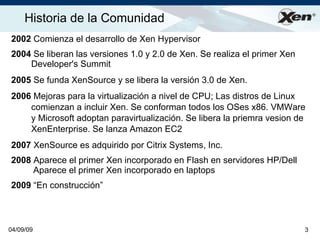 Historia de la Comunidad                                                  ®




2002 Comienza el desarrollo de Xen Hypervisor
2004 Se liberan las versiones 1.0 y 2.0 de Xen. Se realiza el primer Xen
    Developer's Summit
2005 Se funda XenSource y se libera la versión 3.0 de Xen.
2006 Mejoras para la virtualización a nivel de CPU; Las distros de Linux
    comienzan a incluir Xen. Se conforman todos los OSes x86. VMWare
    y Microsoft adoptan paravirtualización. Se libera la priemra vesion de
    XenEnterprise. Se lanza Amazon EC2
2007 XenSource es adquirido por Citrix Systems, Inc.
2008 Aparece el primer Xen incorporado en Flash en servidores HP/Dell
     Aparece el primer Xen incorporado en laptops
2009 “En construcción”



04/09/09                                                                   3
 