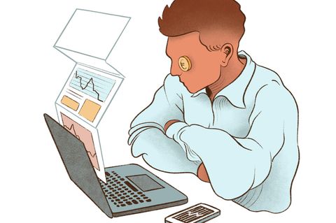 Illustration zeigt einen jungen Mann mit Geld Augen der vor einem Laptop und seinem Handy Aktienkurse checkt