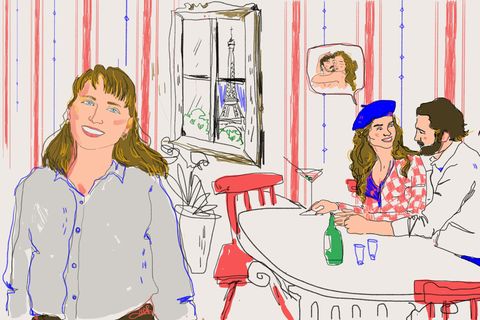 Illustration zeigt ein Pärchen beim Date unterhält sich in Paris über Sex während sie Cocktails trinken