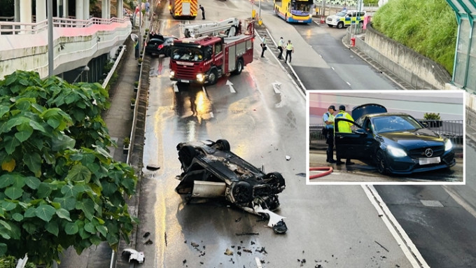 青衣西路兩車相撞，私家車「反肚」起火，消防開喉將火救熄。蔡楚輝攝