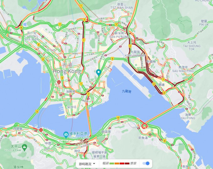 觀塘道及觀塘繞道為重災區。Google實時路況截圖