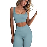 QINSEN Ribbed Workout Outfits for Women 2 Piece Seamless Sport Bra High Waist Yoga Leggings Sets