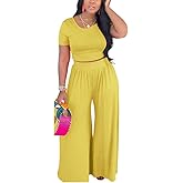 2 Piece Outfits for Women Sexy Backless Short Sleeve Crop Top High Waist Wide Leg Long Pant Sets Tracksuit Sport Set