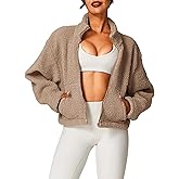 HerGymClothing Womens Sherpa Cropped Jacket Stand Collar Full Zip Long Sleeve Short Fleece Coat With Pockets