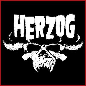 Black shirt with white ink that says Herzog with animalistic character above.