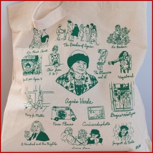 Beige tote bag with green ink images of Agnès Varda and sketches of a select number of her films with film titles.