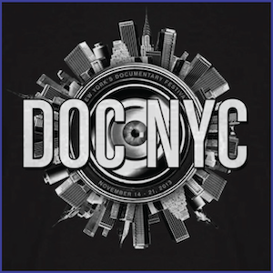 2013 DOC NYC Festival Shirt - image of an eyeball surrounded by a circular city landscape and the text DOC NYC New York’s Documentary Festival November 14-21, 2013. White ink on black shirt.