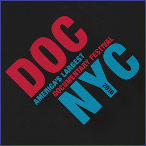 2016 DOC NYC Festival Shirt - red and blue text that says DOC NYC America’s Largest Documentary Festivals 2016. Black Shirt.