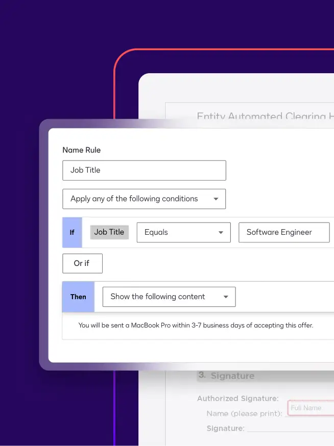 Logic in Docusign Document Generation shows rules where if a job title equals a specific value, then the agreement will show specific content