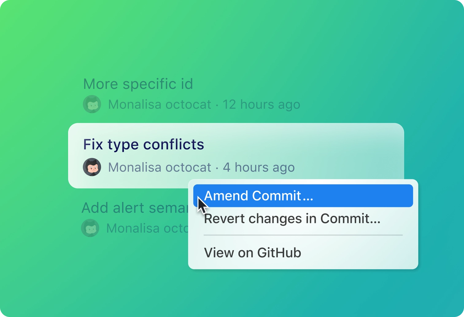 Cursor right click on a commit displaying options to "Amend Commit" "Revert changes in Commit" and "View on GitHub"