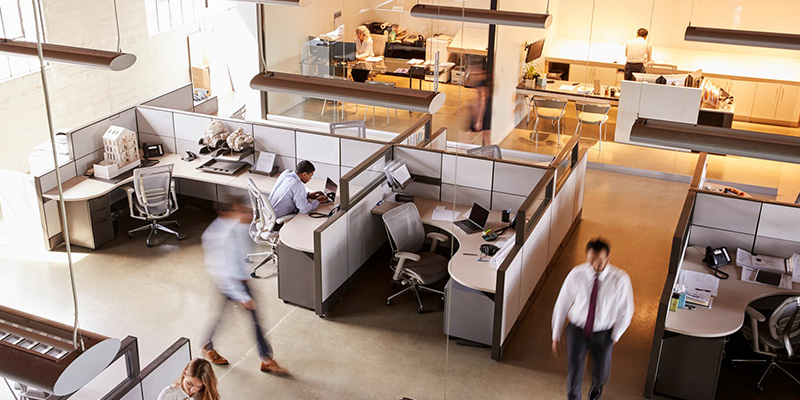 Office space with people walking around and sitting at their desks. 