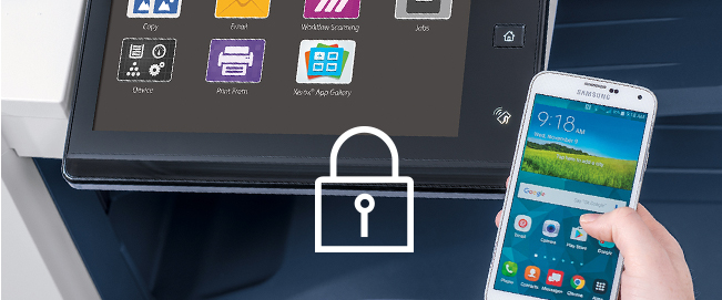 MFP and smartphone with overlay of a lock icon