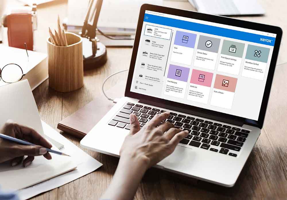 Laptop screen showing the Xerox Print and Scan Experience App